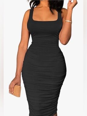 Black Ruched Bodycon Dress with Square Neck